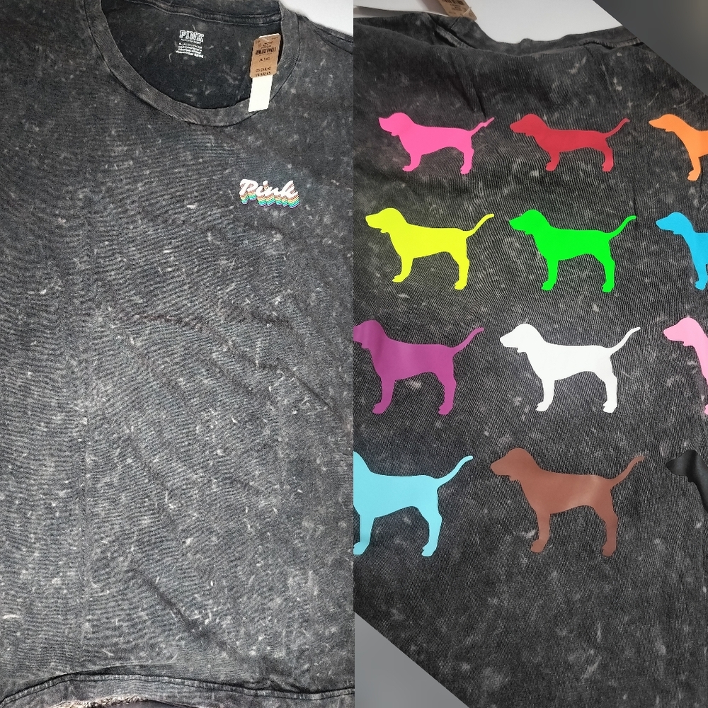 Victoria's Secret Pink Shirt  New! Colorful Dog Logos On Back Pink - Picture 2 of 8